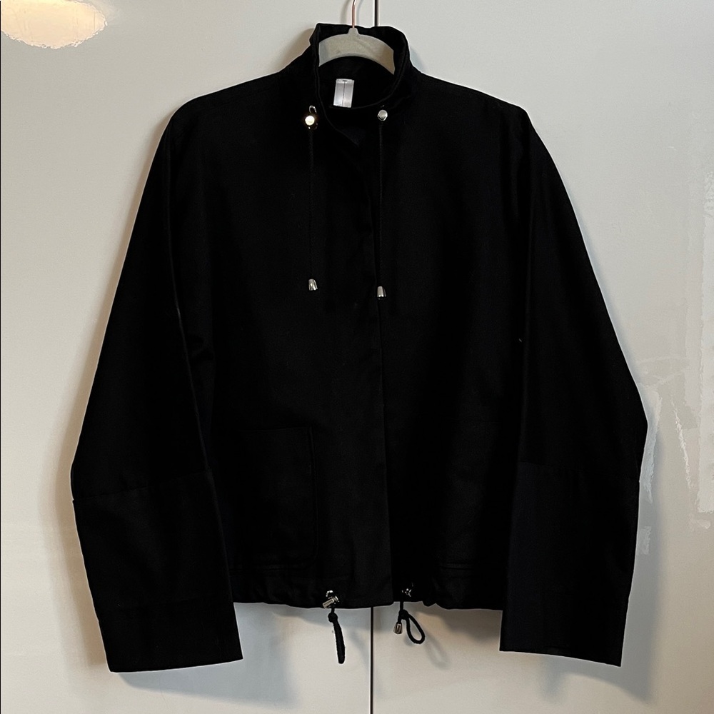 MarlaWynne Black Oversized Cotton Jacket Funnel Neck Pockets Drawstring, Size XS